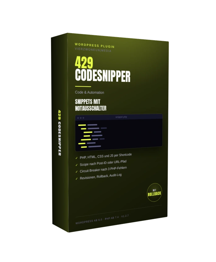 Produktbox des WordPress Plugins 429 CodeSnipper mit Code-Editor für PHP-, CSS- und JS-Snippets
