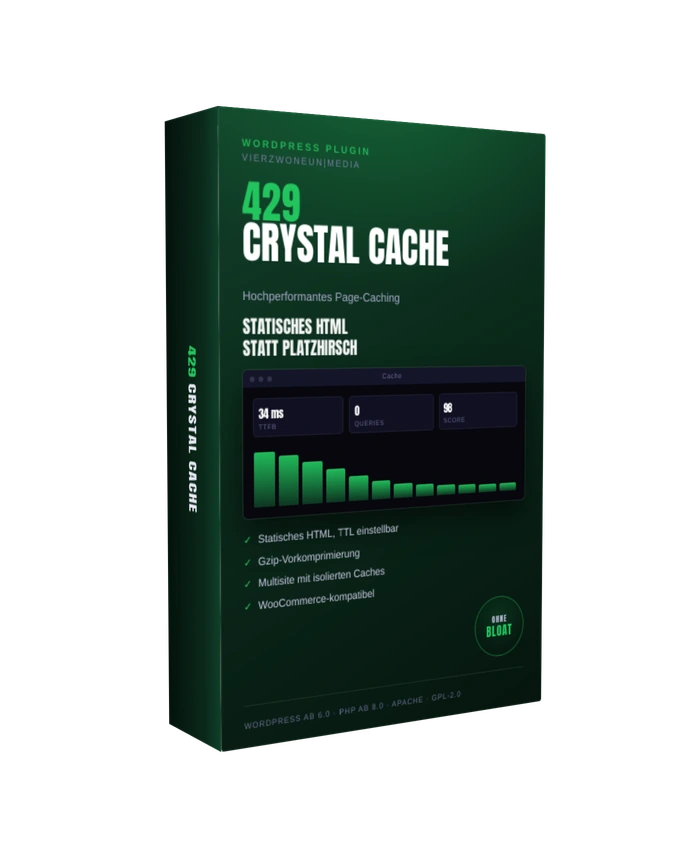 Produktbox des WordPress Plugins 429 Crystal Cache mit TTFB-Anzeige eines Caching Plugins