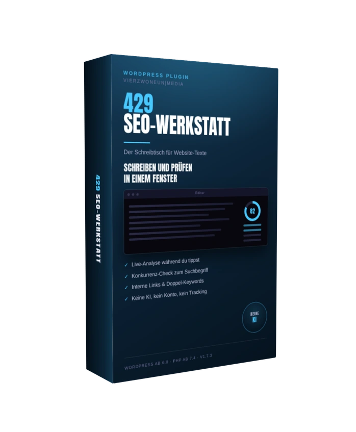 Produktbox des WordPress Plugins 429 SEO-Werkstatt mit Texteditor und Live-Analyse für erfolgreiches SEO