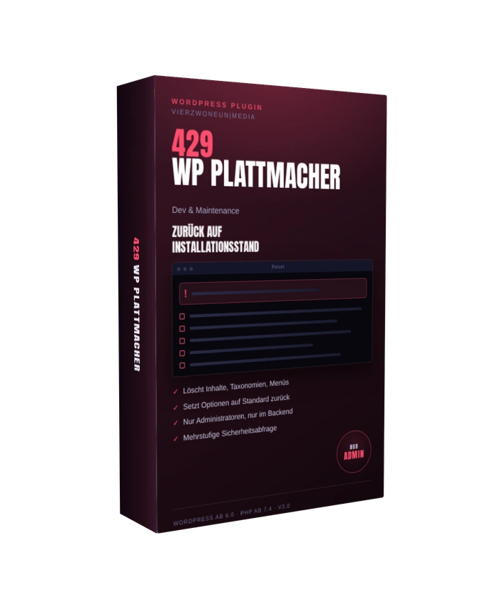 Produktbox des WordPress Plugins 429 WP Plattmacher mit Reset-Dialog zum Zurücksetzen von WordPress
