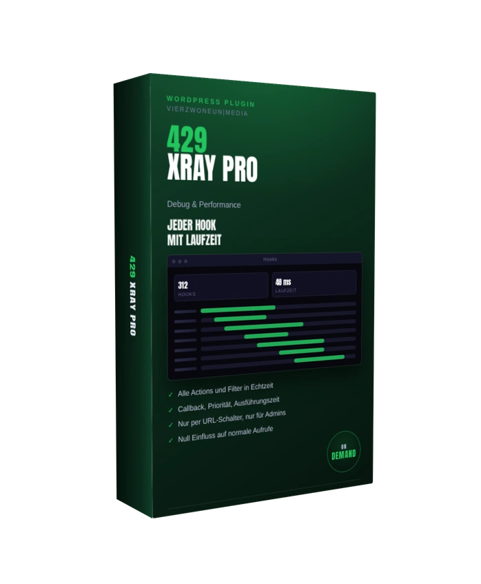 Produktbox des WordPress Plugins 429 XRay PRO mit Wasserfall-Ansicht der WordPress-Hooks und Laufzeiten