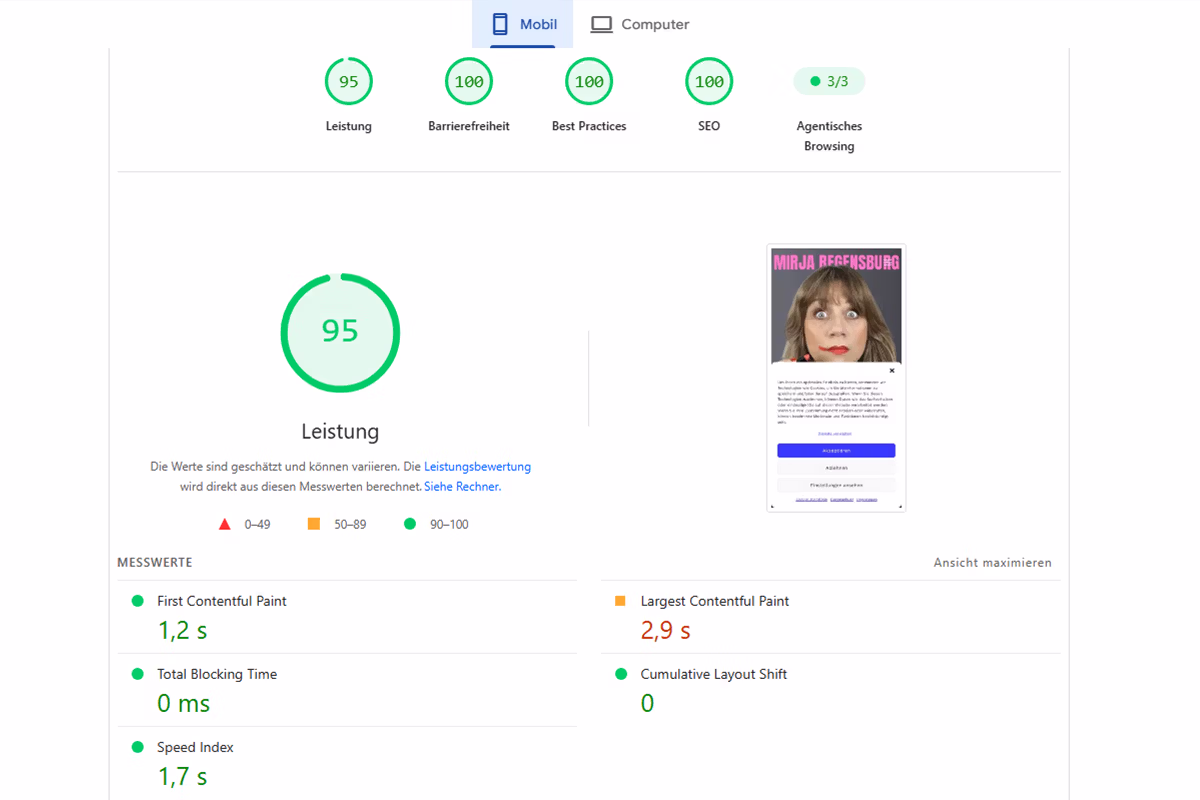 Google PageSpeed Insights mobil mit 95 Punkten Leistung sowie 100 für Barrierefreiheit, Best Practices und SEO