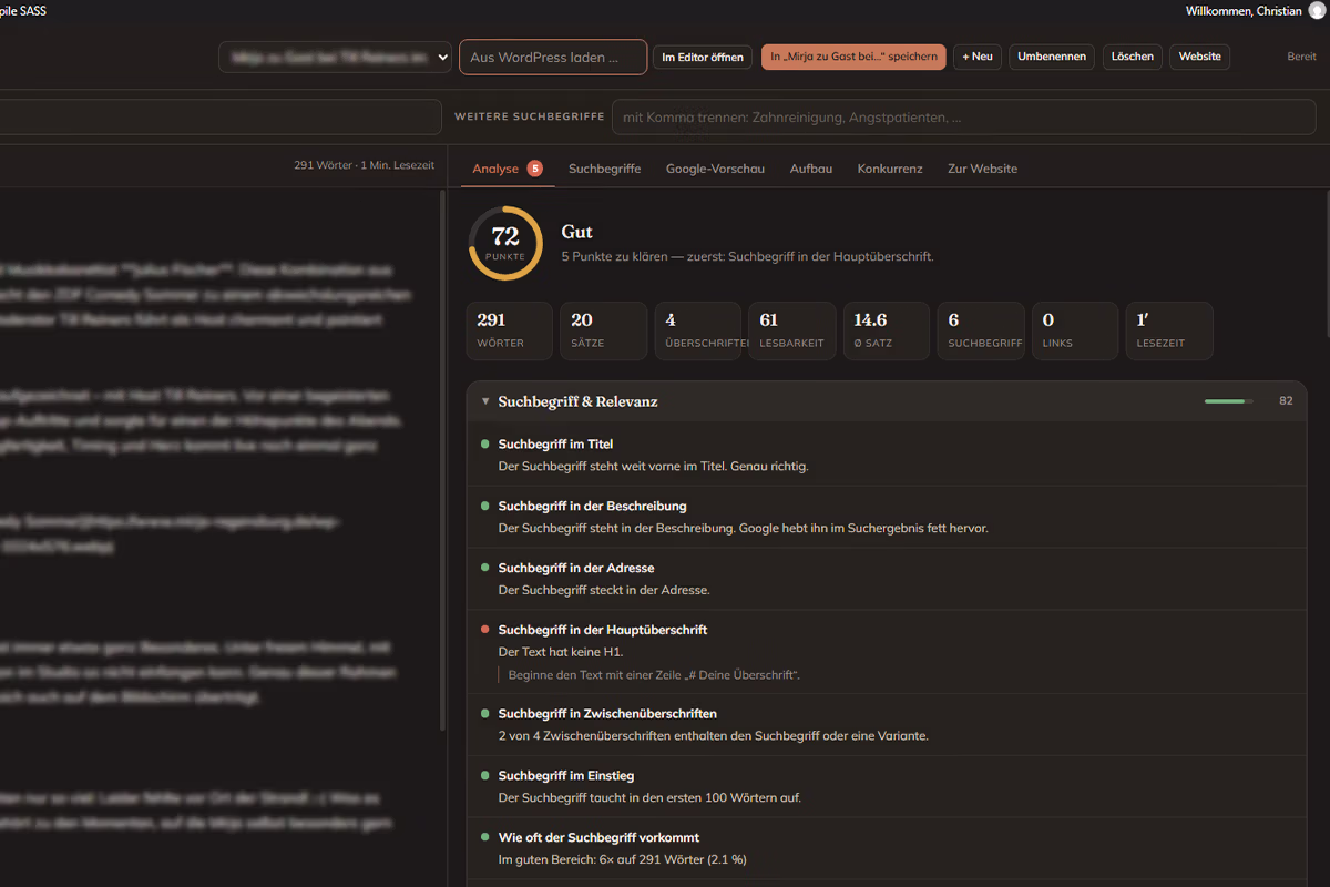 429 SEO-Werkstatt mit Punktestand 72 und Checkliste zu Suchbegriff und Relevanz für einen WordPress-Text