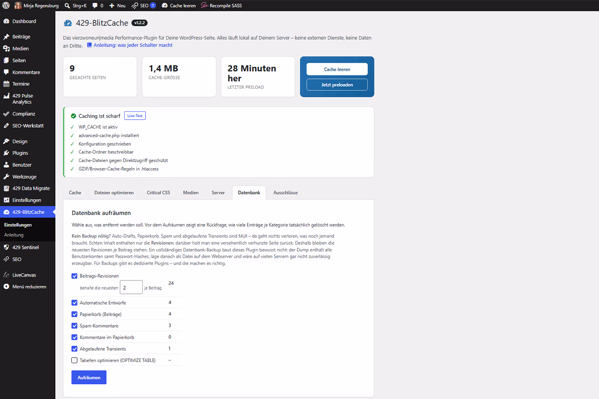 WordPress-Backend mit dem Caching Plugin 429 BlitzCache: gecachte Seiten, Cache-Größe und Datenbank aufräumen