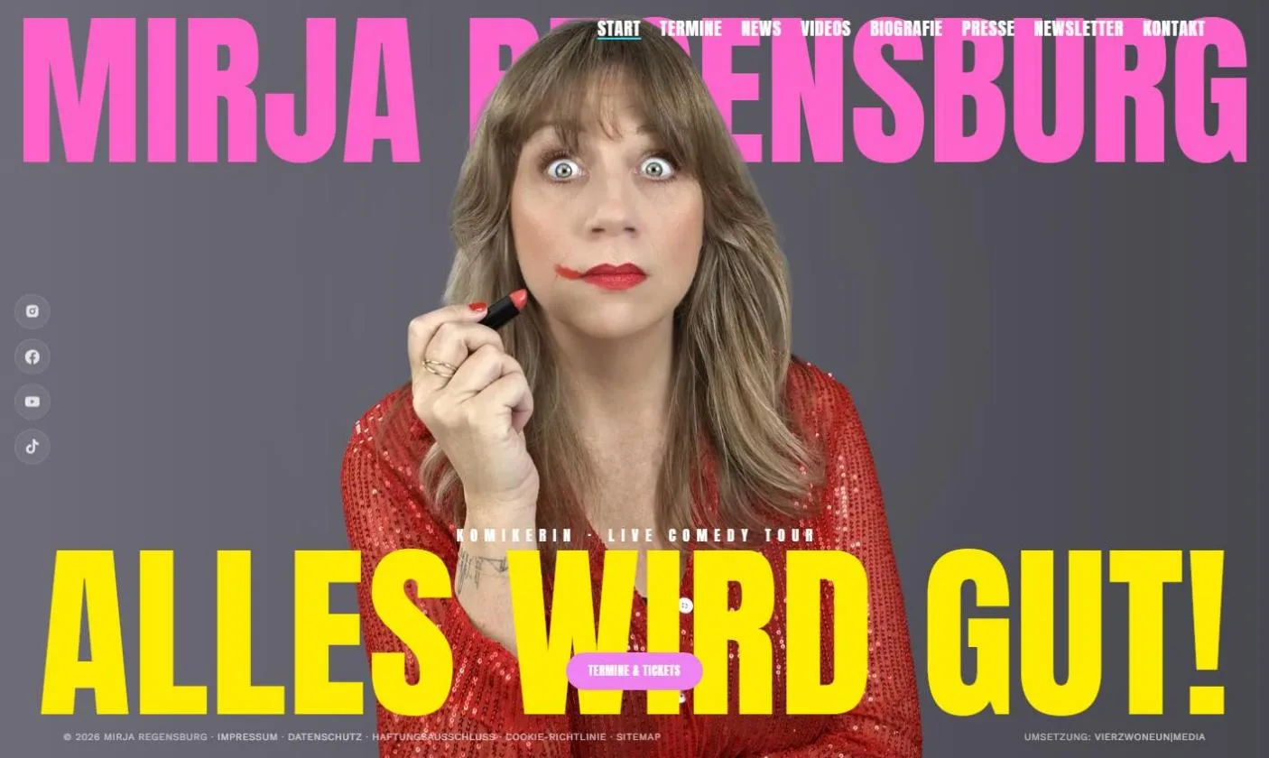 Screenshot mirja-regensburg.de – neue Website der Comedienne Mirja Regensburg (2026)