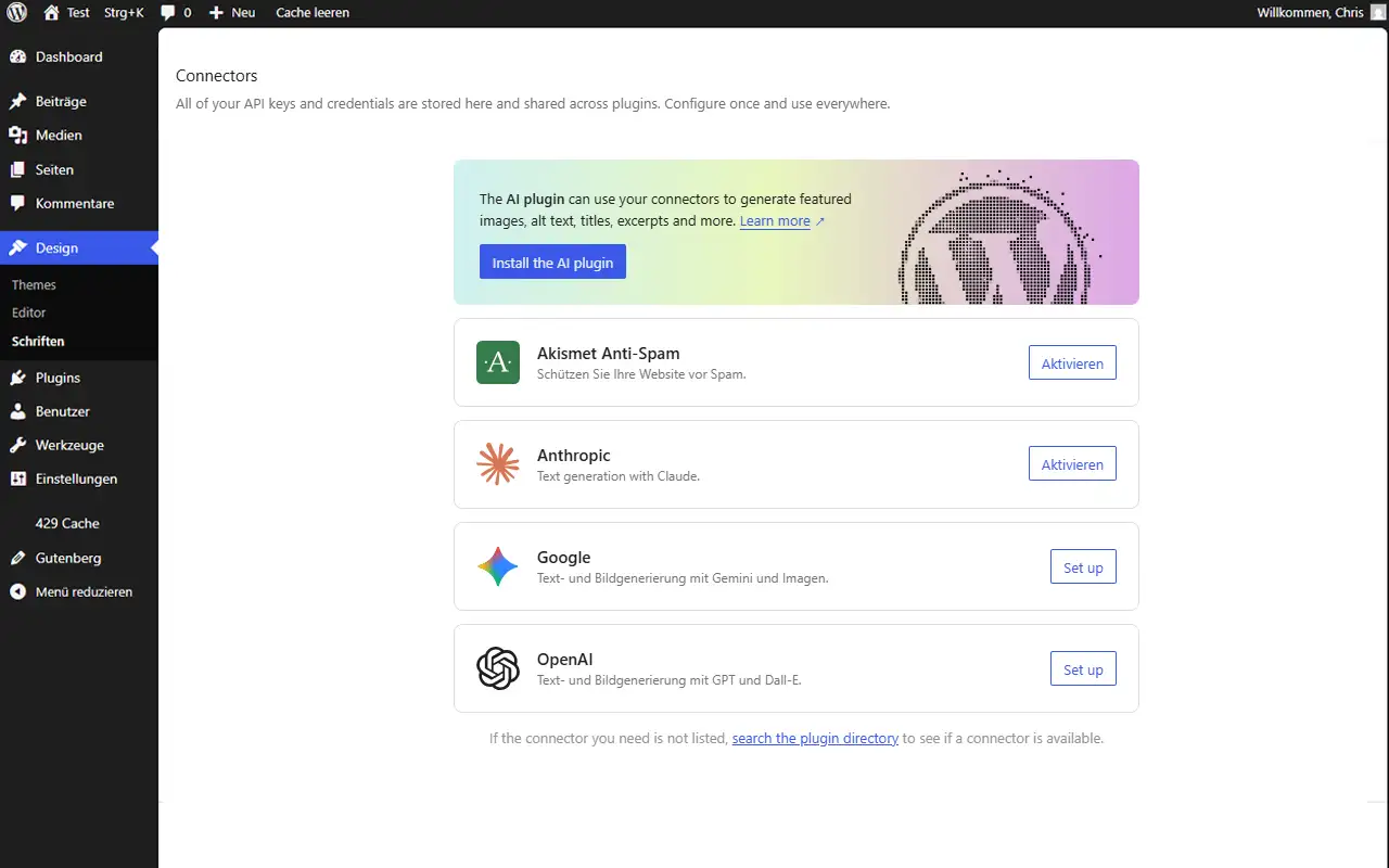WordPress 7.0 Connectors-Screen unter Einstellungen mit Anthropic, Google und OpenAI als verbundene AI-Anbieter