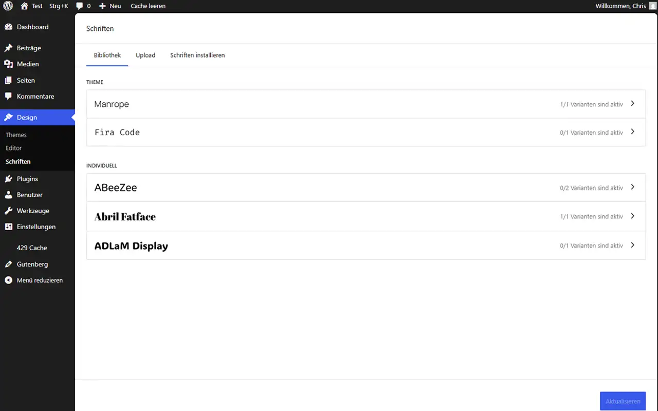 WordPress 7.0 Font Library unter Design > Schriften – jetzt auch für Classic-Themes verfügbar